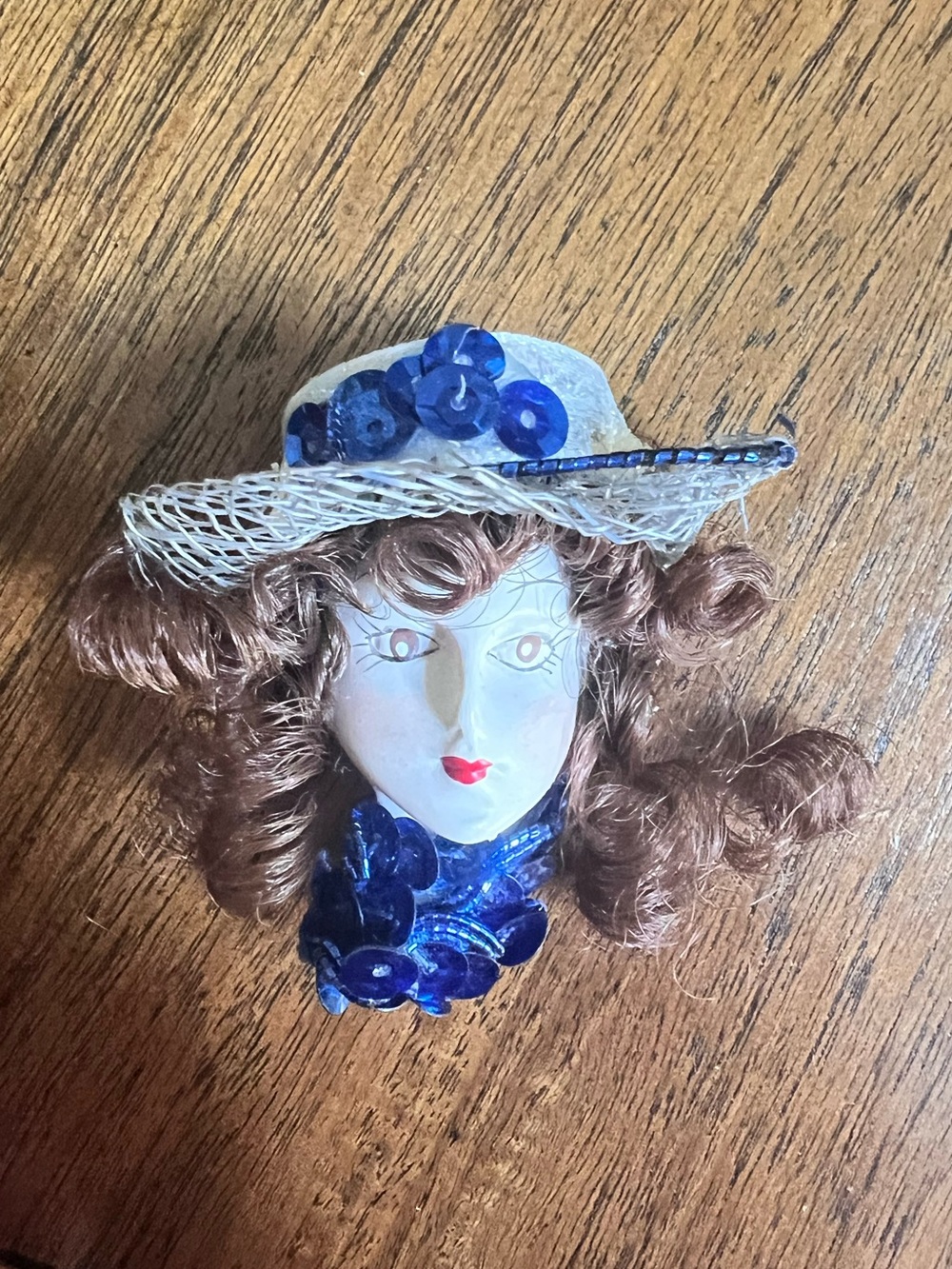 Vintage brooch doll lady head lady’s head with hat and sequined scarf artisan